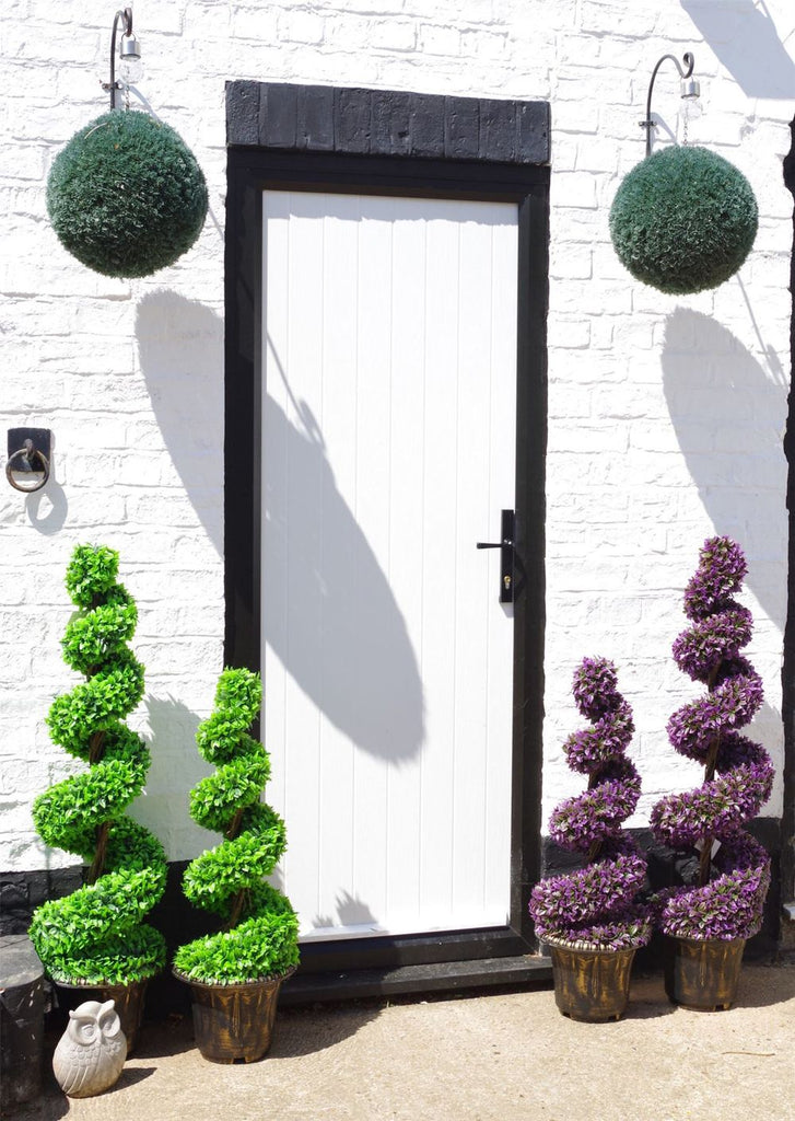 90cm Pair of Purple Large Leaf Spiral Topiary Trees with Decorative Planters - anydaydirect