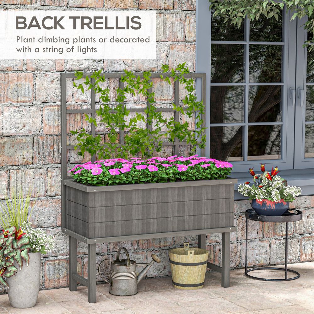 Outsunny Wood Raised Planter w/ Trellis Drain Holes Elevated Garden Bed Grey - anydaydirect