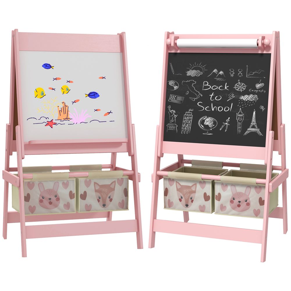 AIYAPLAY Kids Easel with Paper Roll, Blackboard, Whiteboard, Storage, Pink - anydaydirect