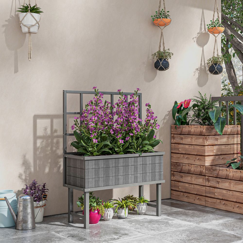 Outsunny Wood Raised Planter w/ Trellis Drain Holes Elevated Garden Bed Grey - anydaydirect