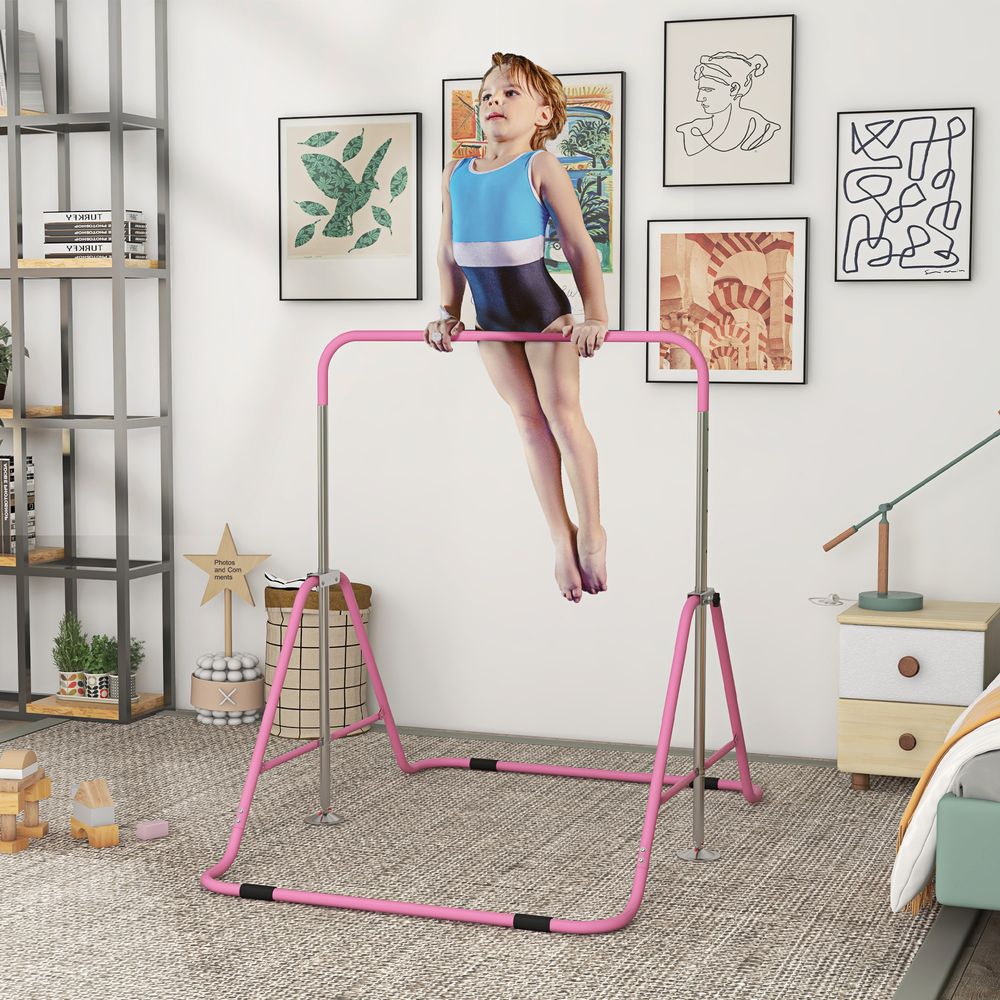 HOMCOM Kids Gymnastic Bar with Adjustable Height, Foldable Training Bar - Pink - anydaydirect