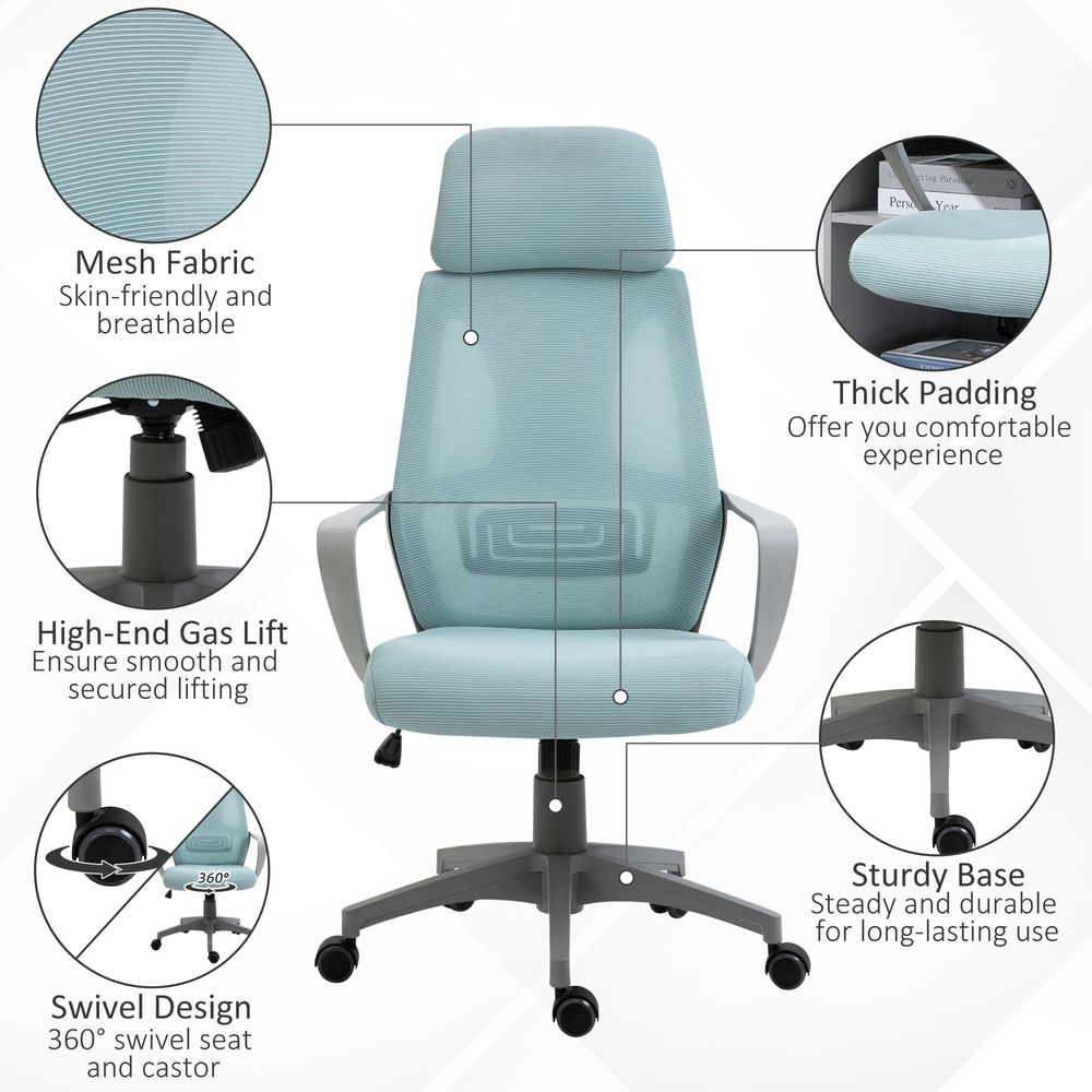 Mesh Back Office Chair w/ Adjustable Height Padded Headrest Blue Vinsetto - anydaydirect