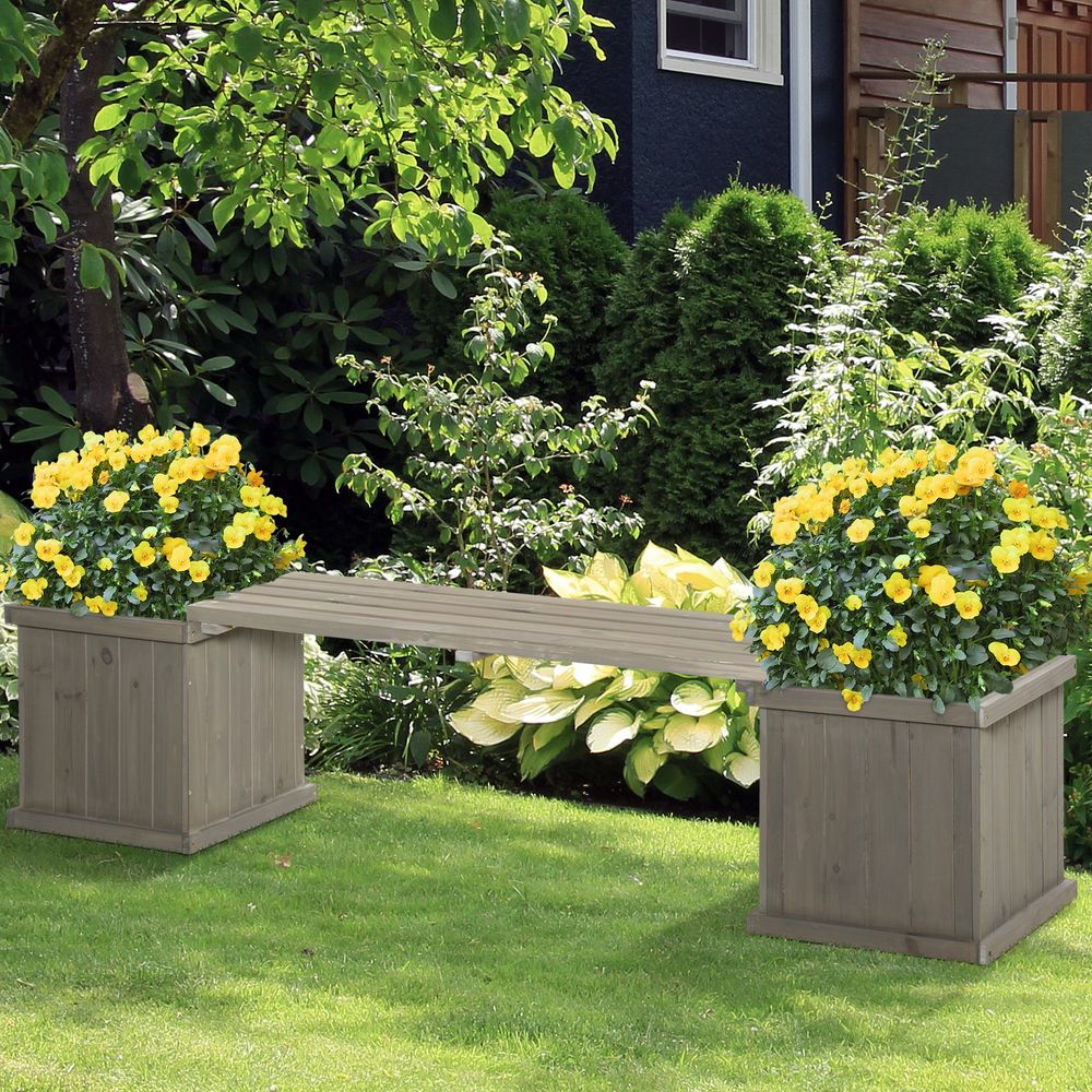 Wooden Garden Planter & Bench Combination Garden Raised Bed Patio Park Grey - anydaydirect