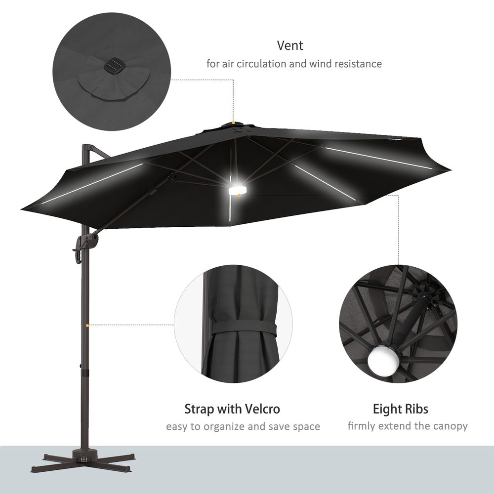 Outsunny 3(m) LED Cantilever Parasol Outdoor with Base Solar Lights Dark Grey - anydaydirect