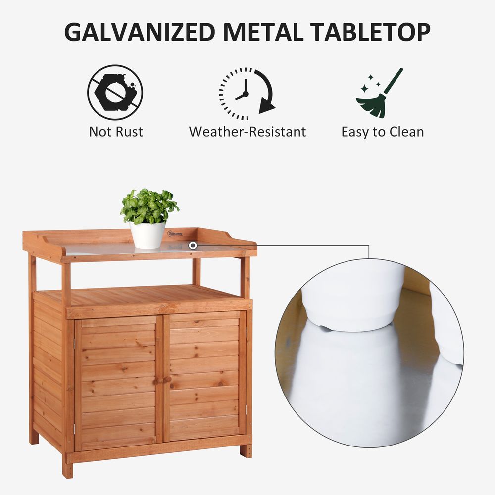 Multi-function Potting Bench Table w/ Storage Cabinet, Planting Workstation w/ Galvanized Table Top and Garden Shed, 98cm x 47cm x 105cm - anydaydirect