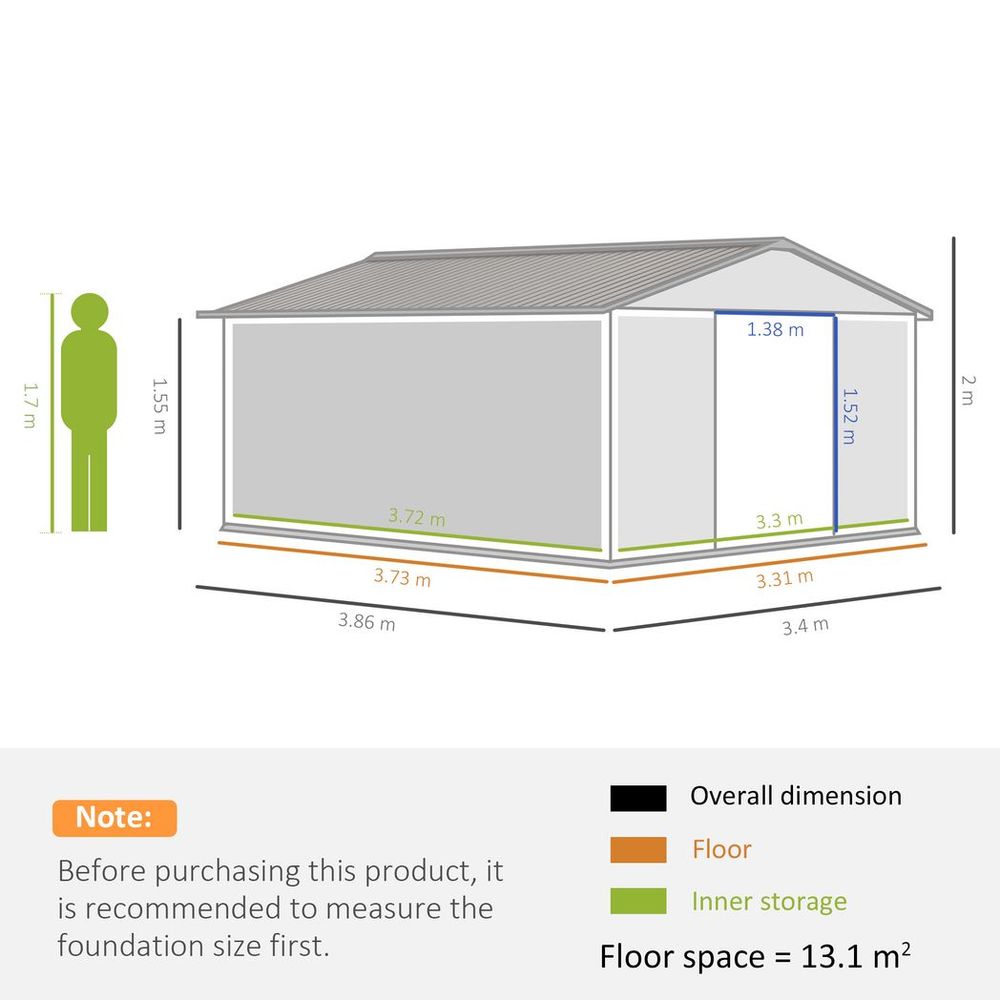 12.5ft x 11ft Metal Garden Shed Storage with Double Doors - anydaydirect