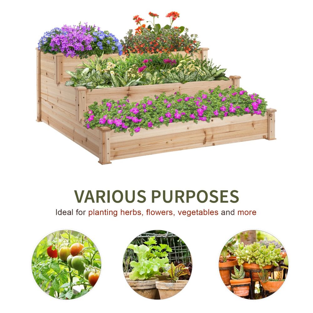 Wooden Raised Bed 3-Tier Planter Kit Elevated Plant Box 124x124x56cm - anydaydirect