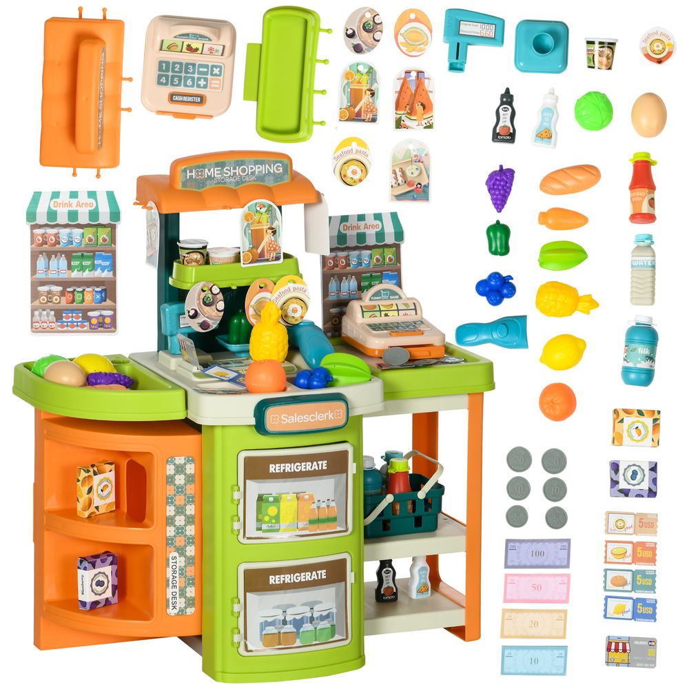 AIYAPLAY 58 Pieces Cash Register for Kids, Children Trolley with Scanner - anydaydirect