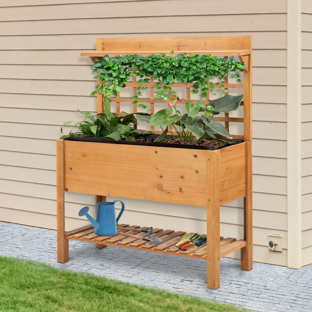 105x40x135cm Wooden Planter Raised Elevated Bed Planter Flower with 2 Shelves - anydaydirect