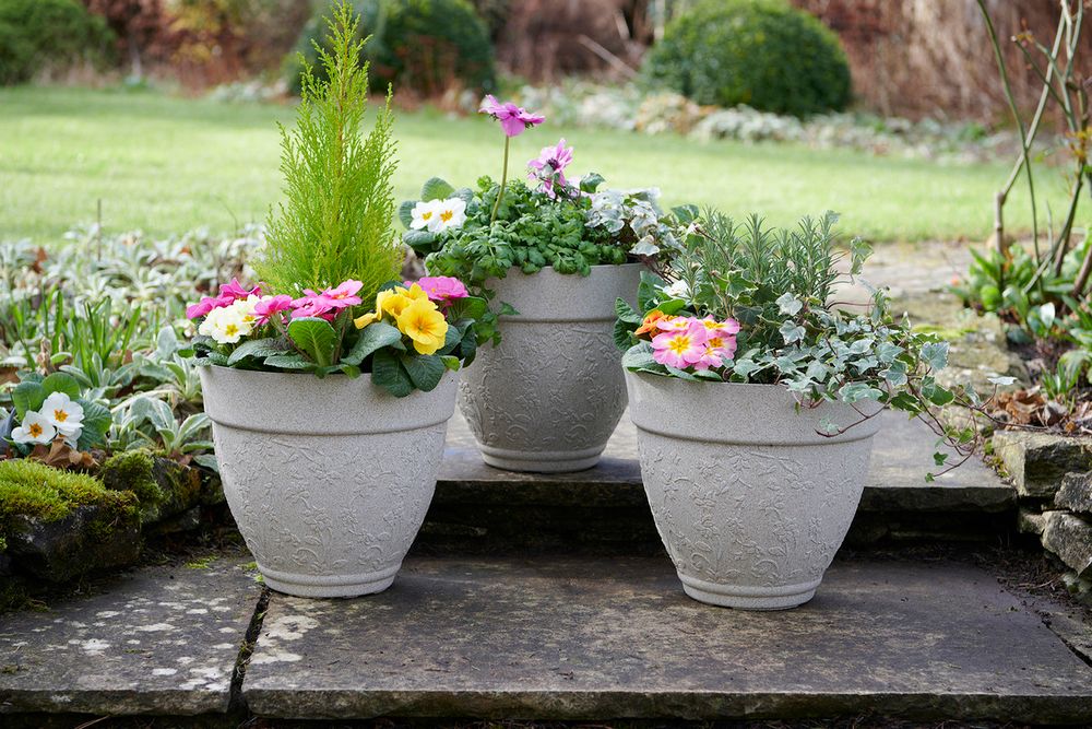 Pack of 3 Floral Sandstone effect Planters - anydaydirect