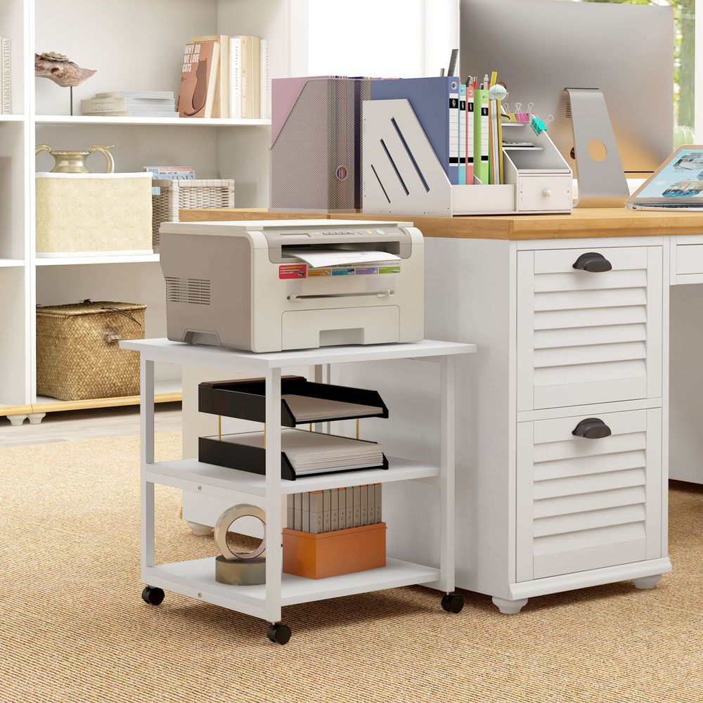 HOMCOM Mobile Printer Stand with Storage Printer Table for Home Office White - anydaydirect