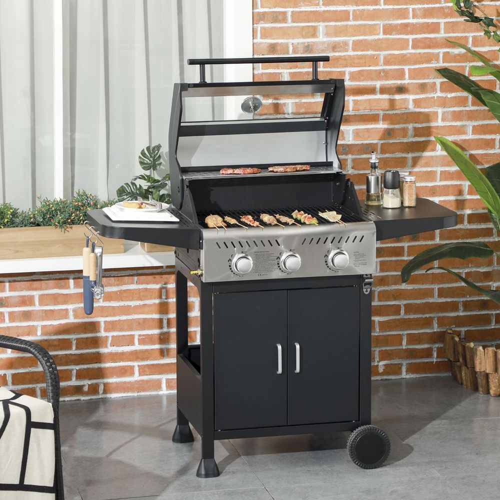 Outsunny 3 Burner Propane Gas BBQ Grill with See-through Lid and Thermometer - anydaydirect