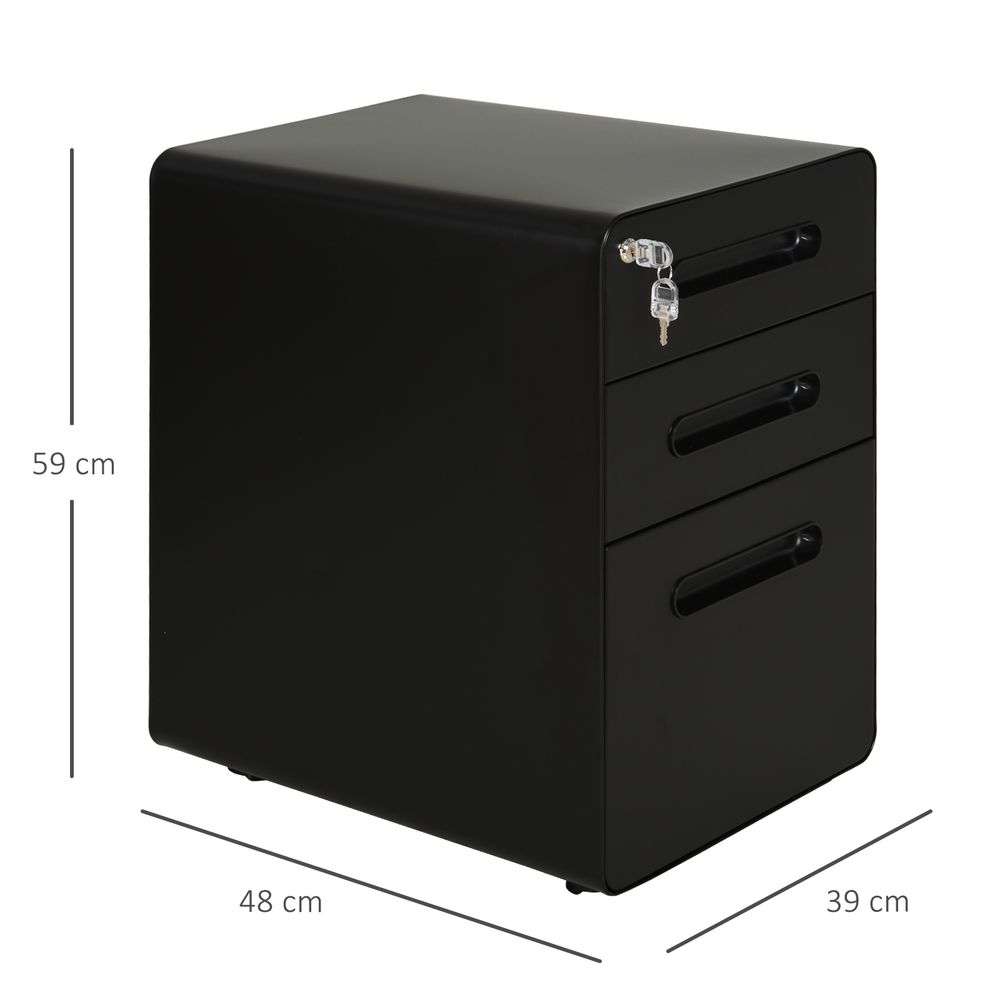 3 Draw Modern Steel Filing Cabinet w/ 4 Wheels Lock Pencil Box Black Vinsetto - anydaydirect