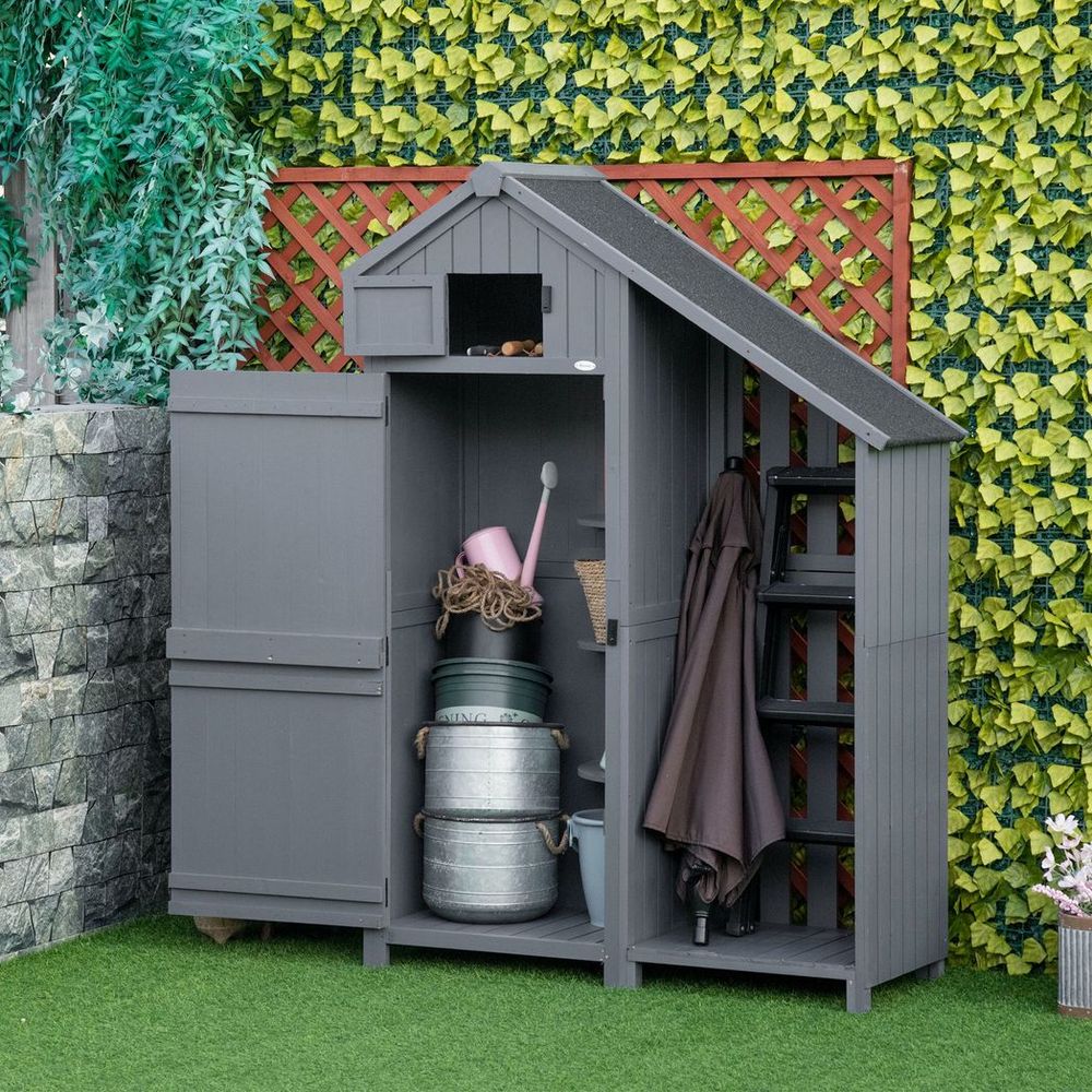 Grey Wooden Outdoor Tool Shed with 3 Shelves & Firewood Rack - anydaydirect