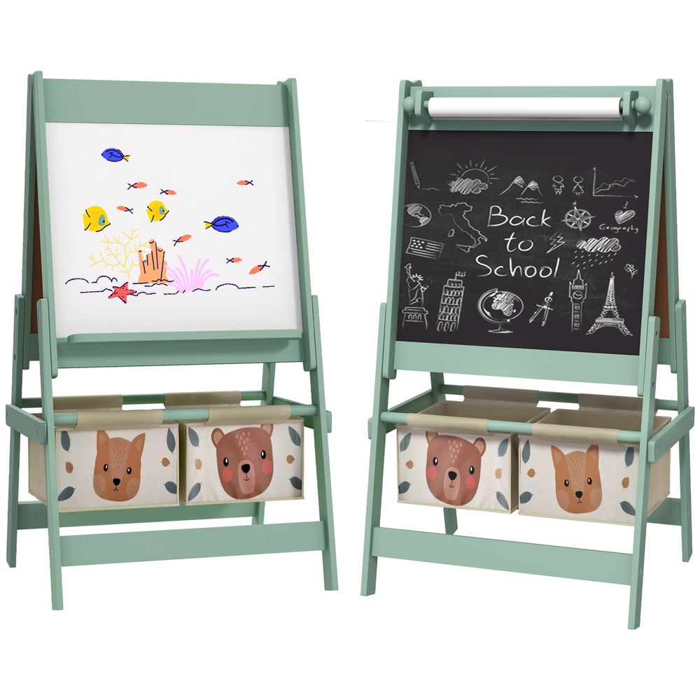 AIYAPLAY Kids Easel with Paper Roll, Blackboard, Whiteboard, Storage, Green - anydaydirect