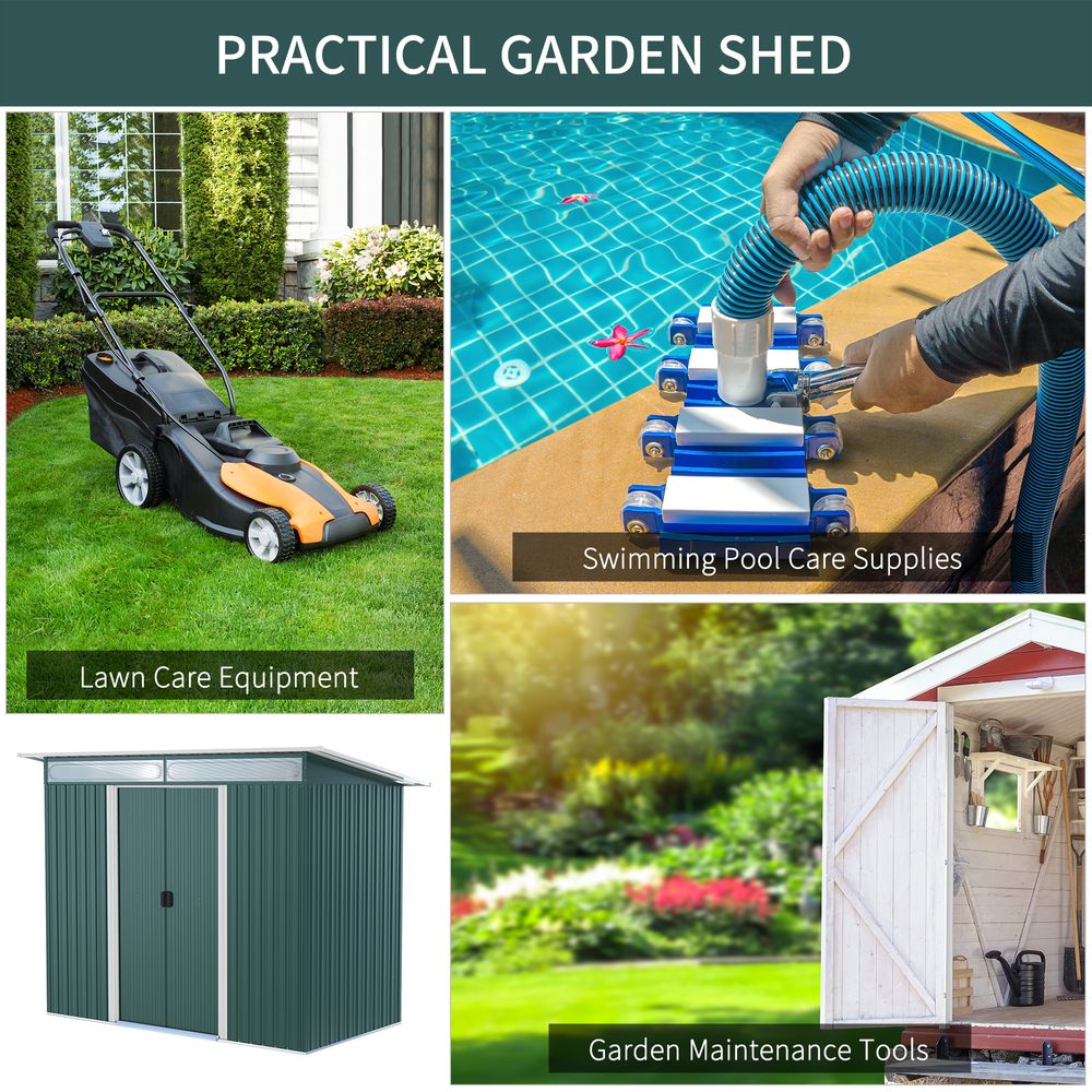 Pent Roof Metal Shed with Vents and Sliding Door - Green - anydaydirect