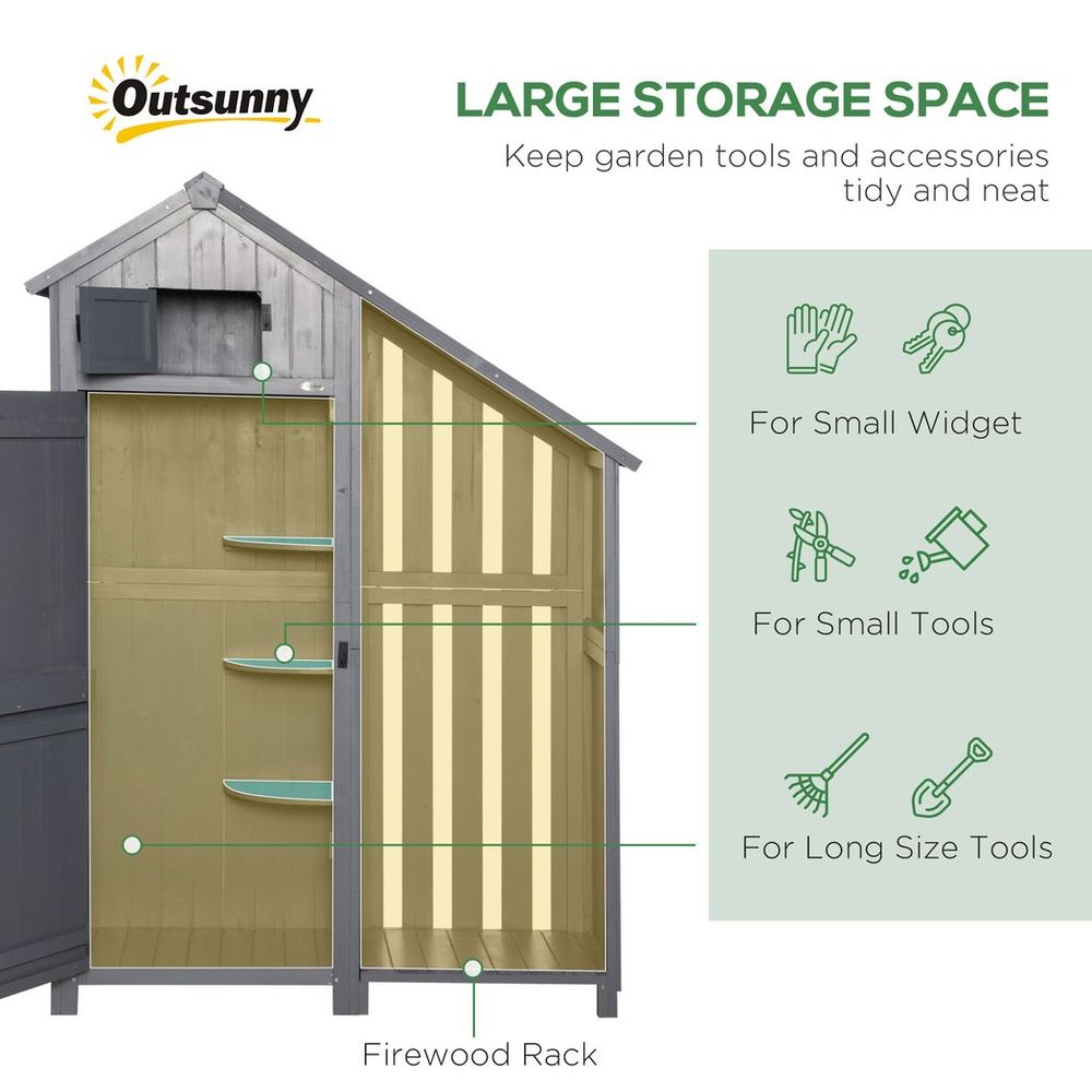 Grey Wooden Outdoor Tool Shed with 3 Shelves & Firewood Rack - anydaydirect