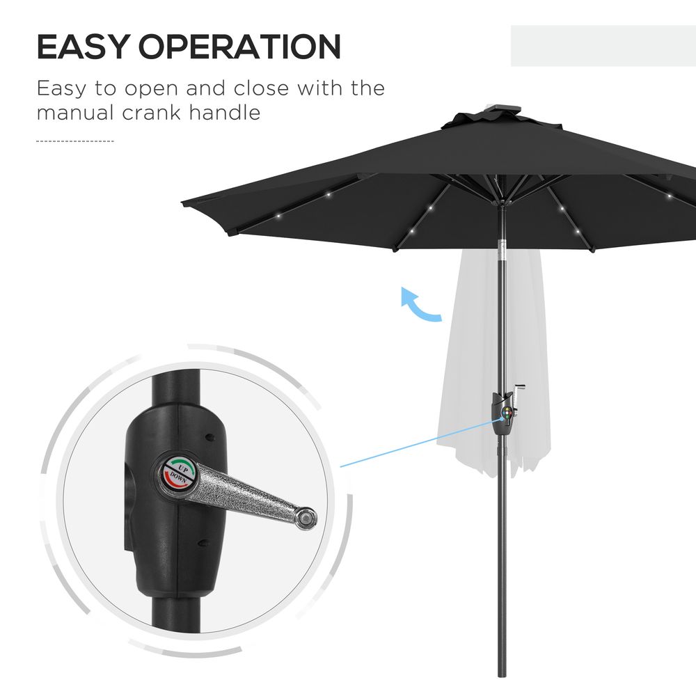 Outsunny Garden Parasol Outdoor Tilt Sun Umbrella LED Light Hand Crank Black - anydaydirect