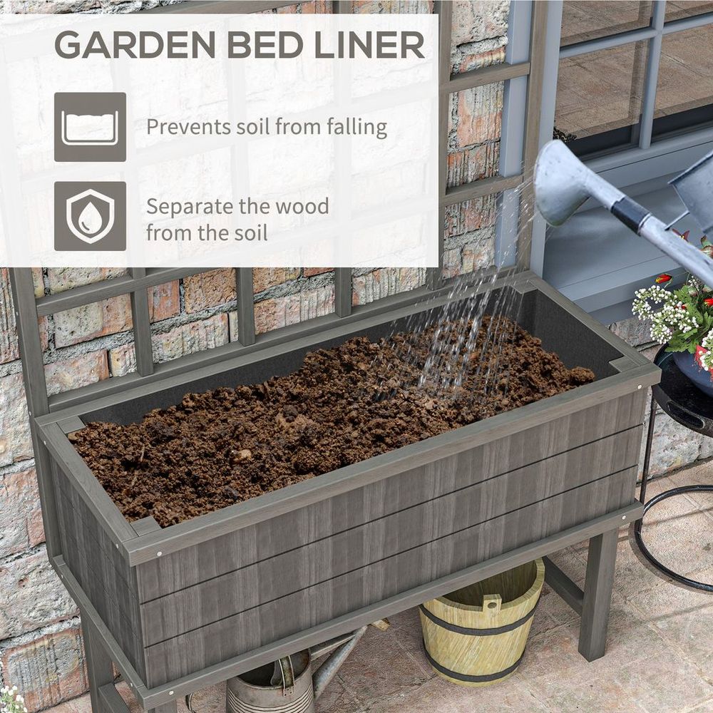 Outsunny Wood Raised Planter w/ Trellis Drain Holes Elevated Garden Bed Grey - anydaydirect