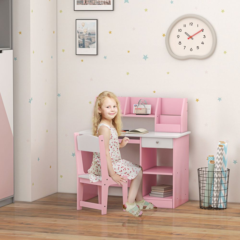 ZONEKIZ Kids Desk and Chair Set with Storage for 5-8 Years, Pink - anydaydirect