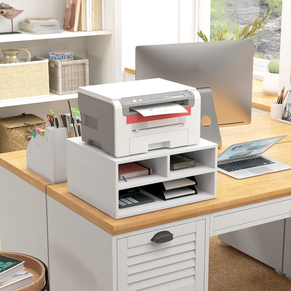 HOMCOM Desktop Printer Stand with 3 Open Compartments, Desk Organiser, White - anydaydirect