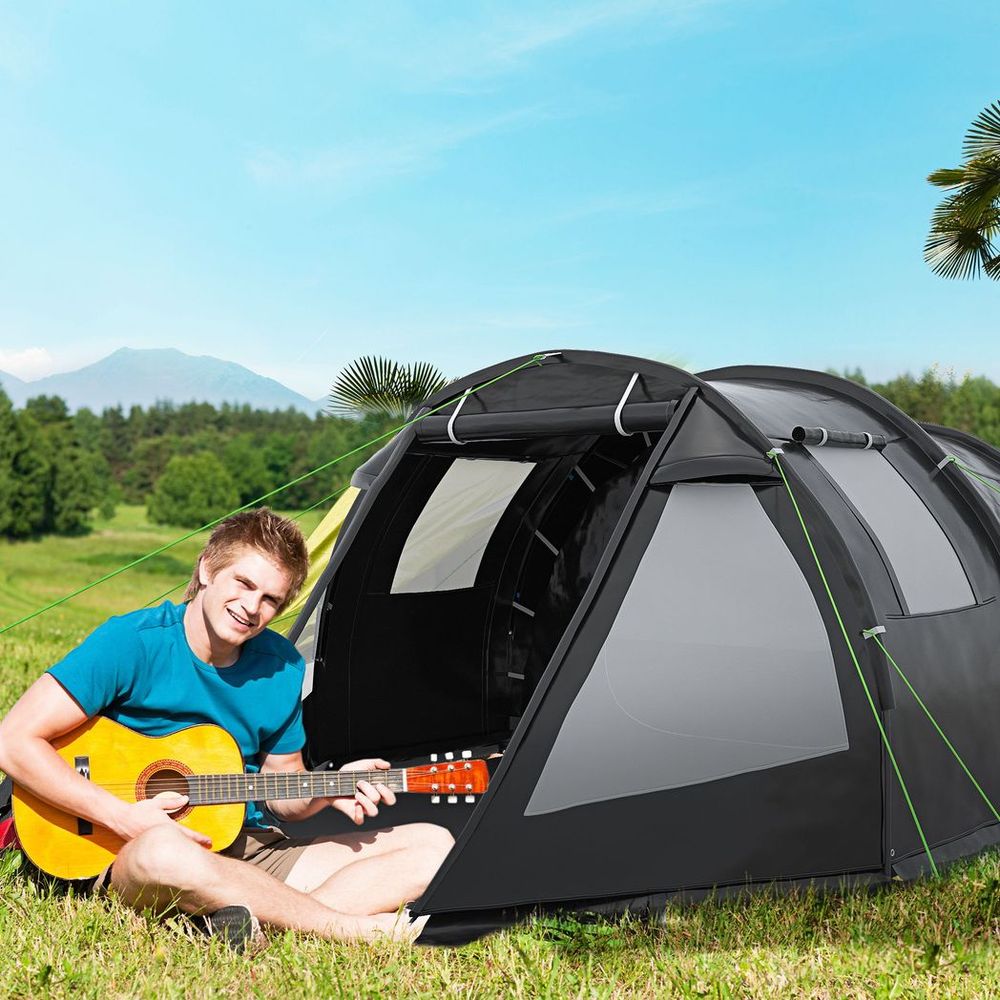 Outsunny 3-4 Persons Tunnel Tent, Two Room Camping Tent w/ Windows, Black - anydaydirect