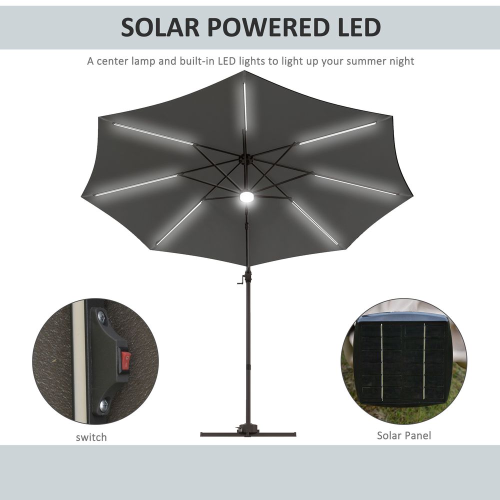 Outsunny 3(m) LED Cantilever Parasol Outdoor with Base Solar Lights Dark Grey - anydaydirect