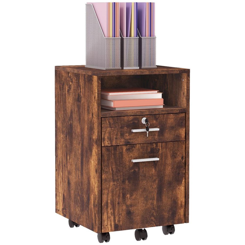 Vinsetto Mobile File Cabinet Lockable Documents Storage w/ 5 Wheels Rustic Brown - anydaydirect