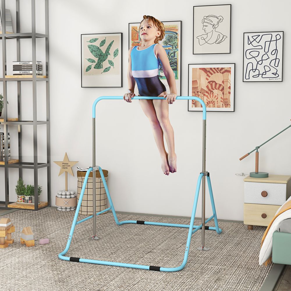 HOMCOM Kids Gymnastic Bar with Adjustable Height, Foldable Training Bar - Blue - anydaydirect