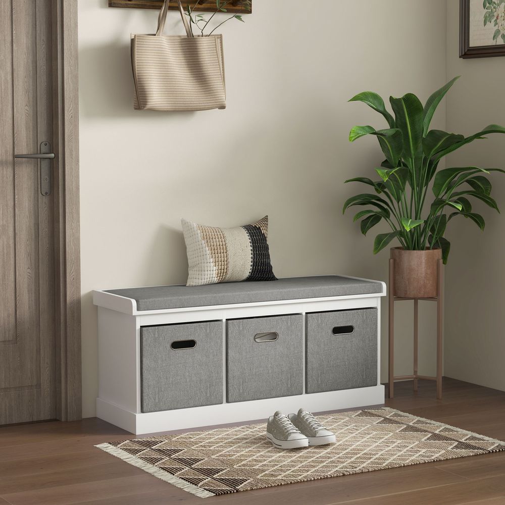 HOMCOM Shoe Bench with Cushioned Seat, 3 Fabric Drawers for Entryway Hallway - anydaydirect