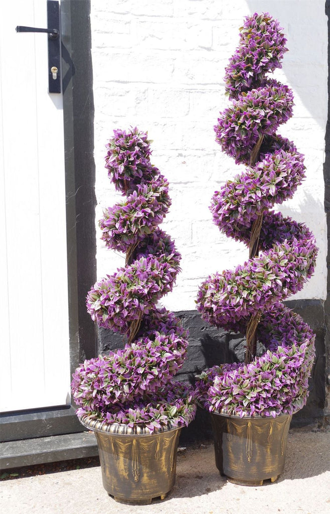 90cm Pair of Purple Large Leaf Spiral Topiary Trees with Decorative Planters - anydaydirect