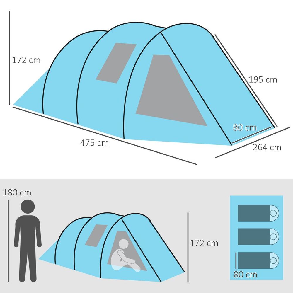 3-4 Persons Tunnel Tent, Two Room Camping Tent w/ Windows, Blue - anydaydirect