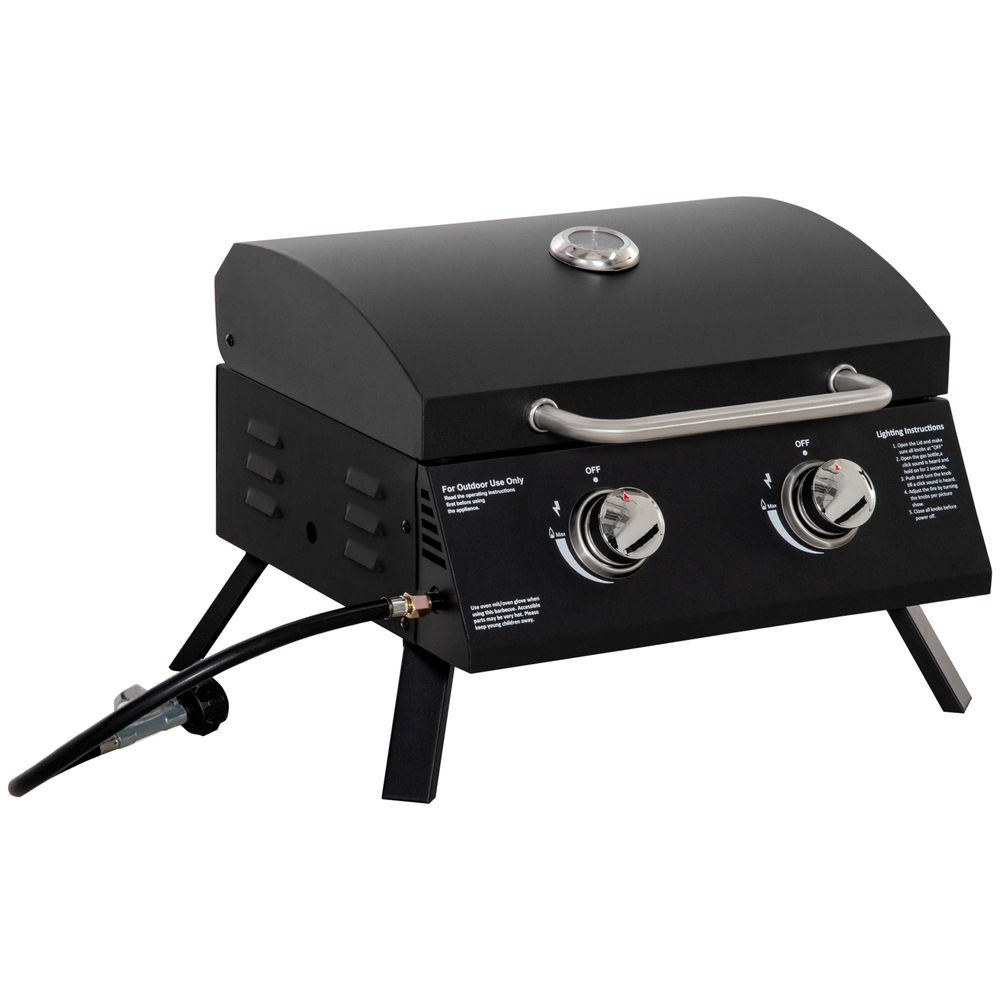 2 Burner Gas BBQ Grill Portable Folding Tabletop Barbecue Lid Thermometer Black - anydaydirect