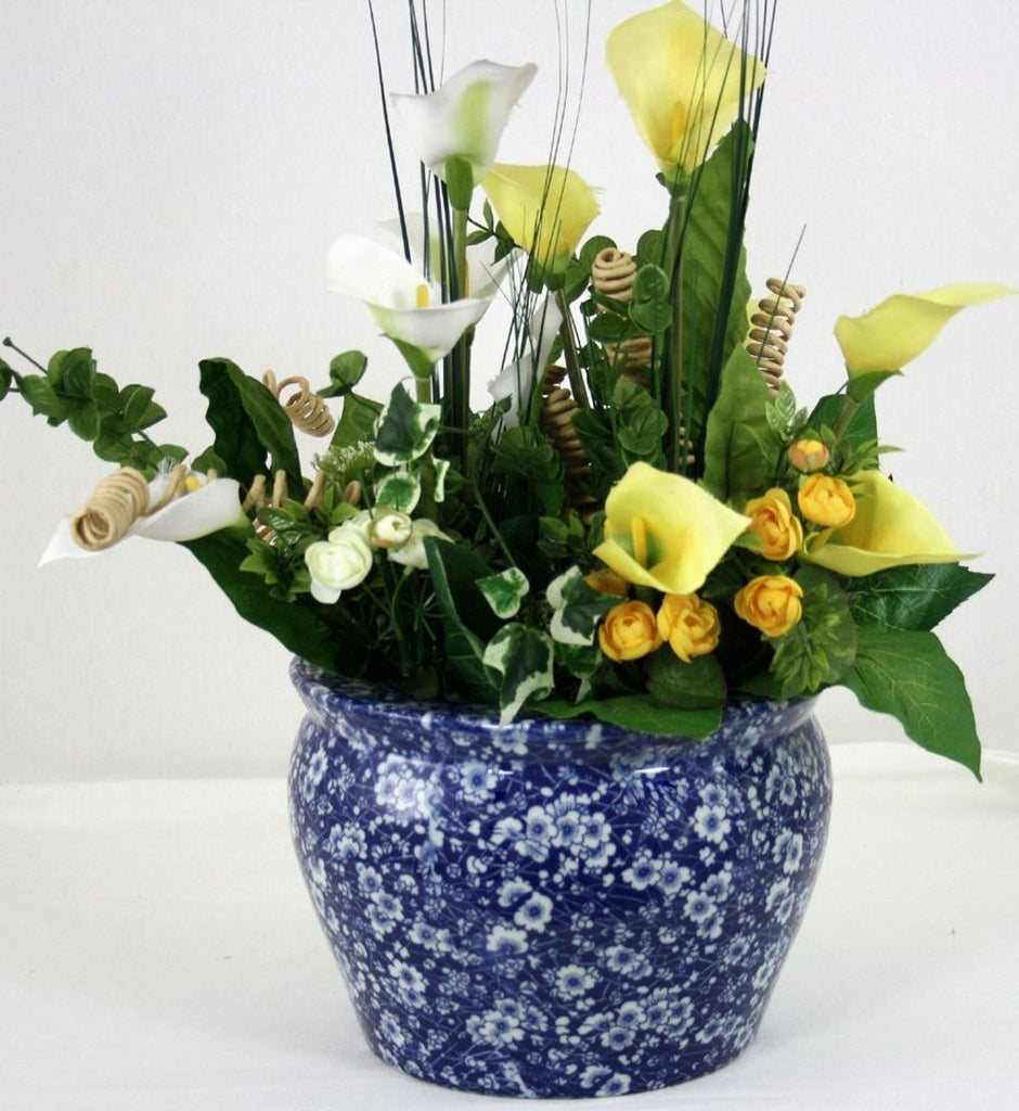 Ceramic Planter, Vintage Blue & White Daisies Design - anydaydirect