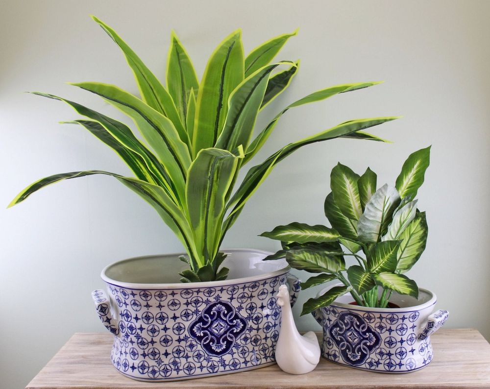 Set of 2 Ceramic Footbath Planters, Vintage Blue & White Circular Design - anydaydirect