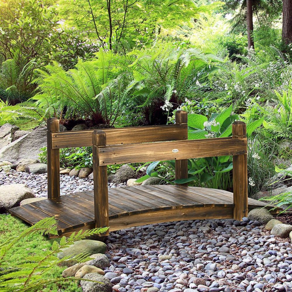 5FT Wooden Garden Bridge with Planters Stained Finish Arc Footbridge for Pond - anydaydirect