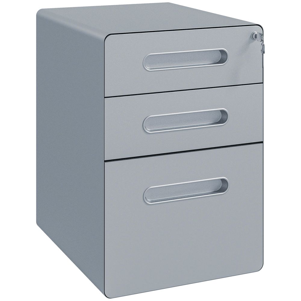 Vinsetto 3 Drawer Modern Steel Filing Cabinet w/ 4 Wheels Lock Pencil Box Grey - anydaydirect