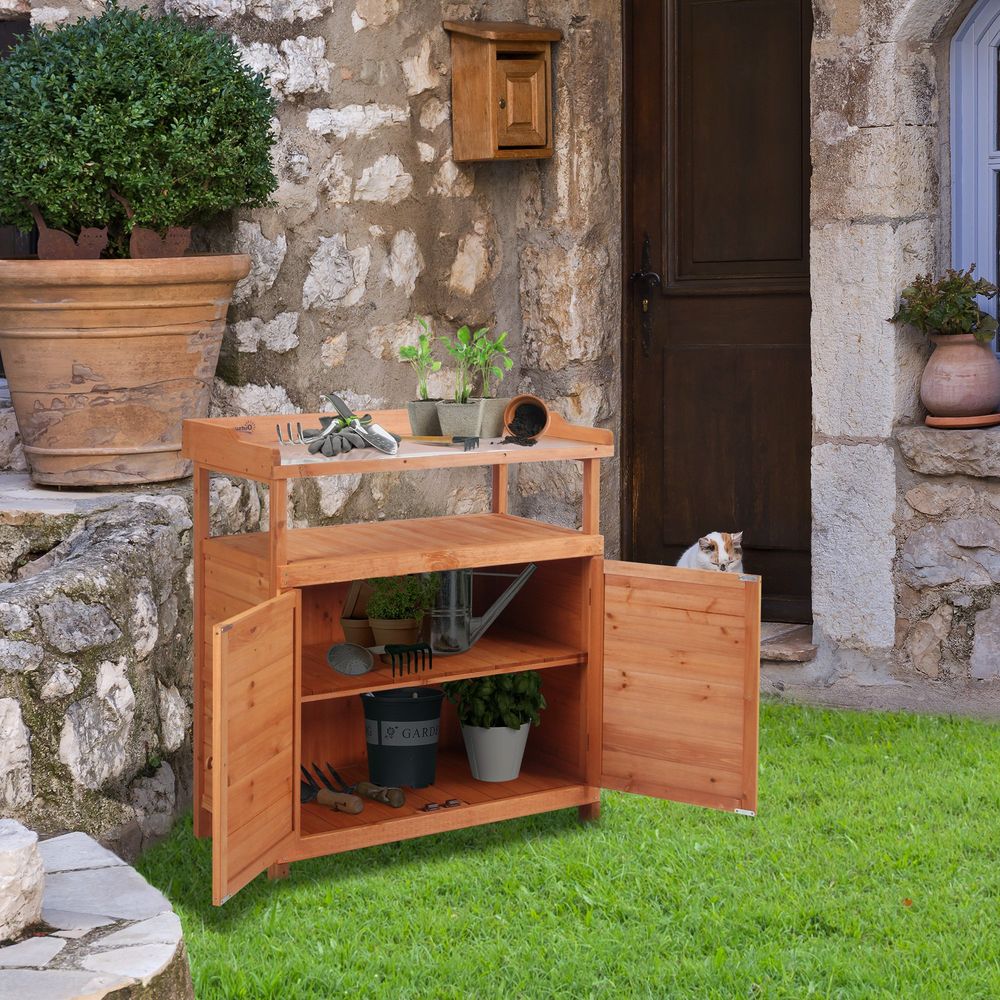 Multi-function Potting Bench Table w/ Storage Cabinet, Planting Workstation w/ Galvanized Table Top and Garden Shed, 98cm x 47cm x 105cm - anydaydirect