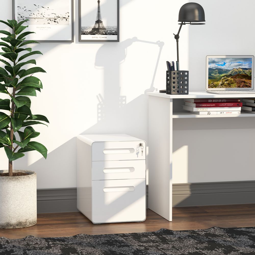 3 Draw Modern Steel Filing Cabinet w/ 4 Wheels Lock Pencil Box White Vinsetto - anydaydirect