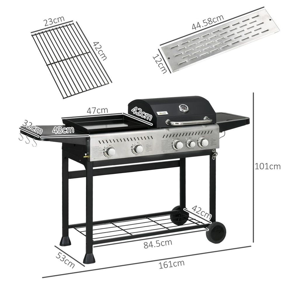 Outsunny Gas Grill and Plancha with 15 kW 4+1 Burners for Garden Party Festival - anydaydirect