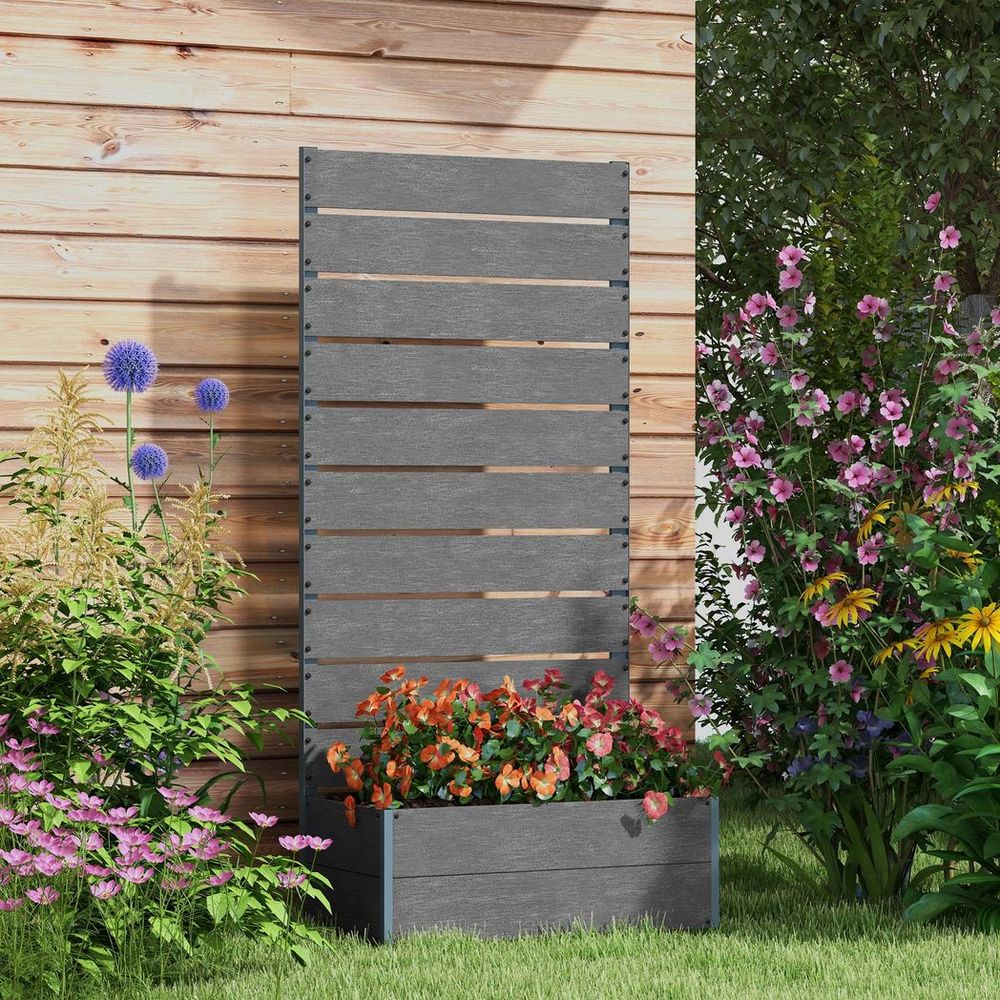 Outsunny Raised Garden Bed with Trellis and Drainage Hole, Planter Box, Grey - anydaydirect