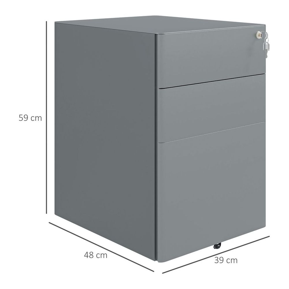 Vinsetto 3 Drawer Metal Filing Cabinet Lockable 5 Wheels Compact Under Desk Grey - anydaydirect