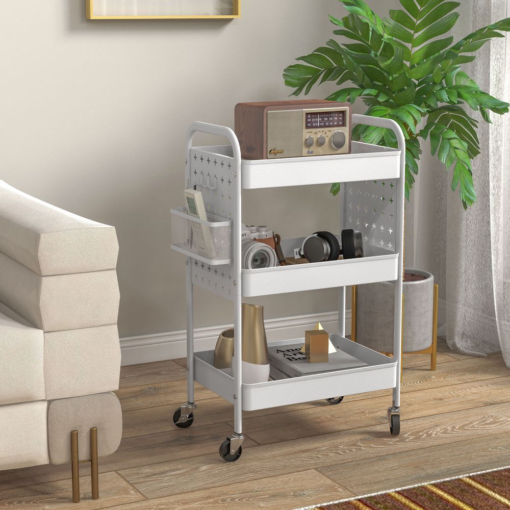 HOMCOM Rolling Utility Cart with 3 Mesh Basket, 2 Boxes, 6 Hooks for Kitchen - anydaydirect