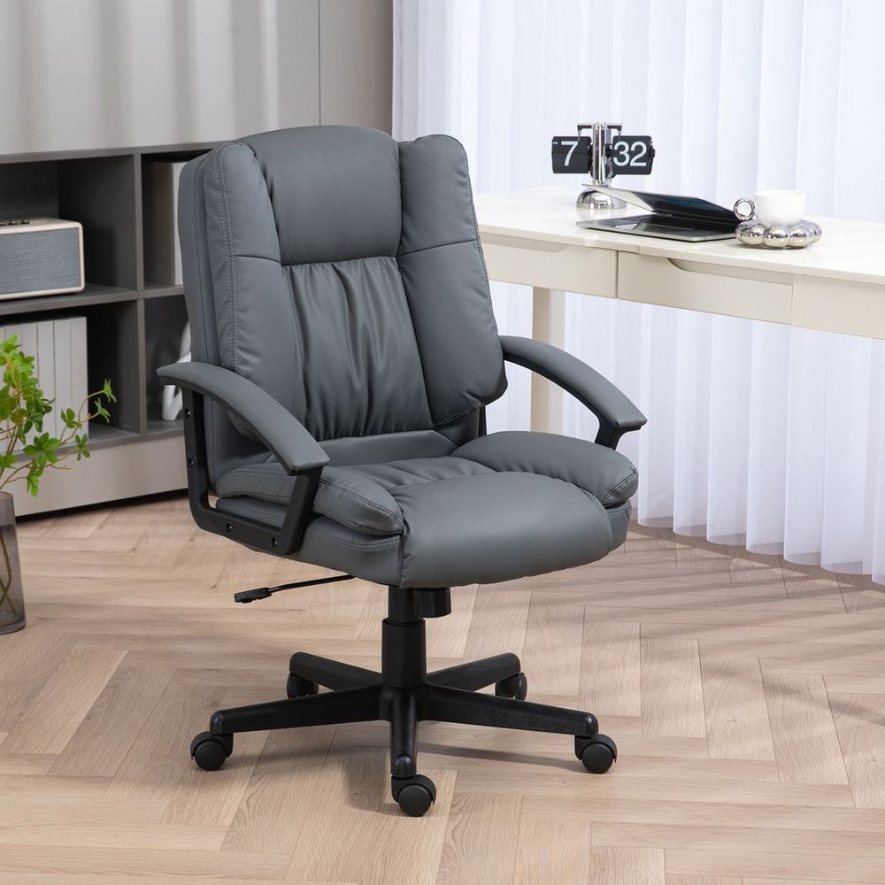 HOMCOM Faux Leather Home Office Chair Mid Back Desk Chair with Arms Dark Grey - anydaydirect