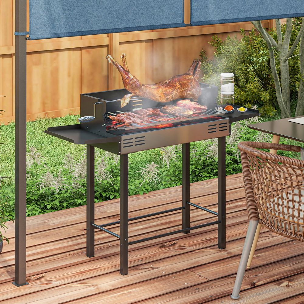 Outsunny Charcoal Spit Roasting Machine w/ 3-Tier Grill Grate & Foldable Shelves - anydaydirect