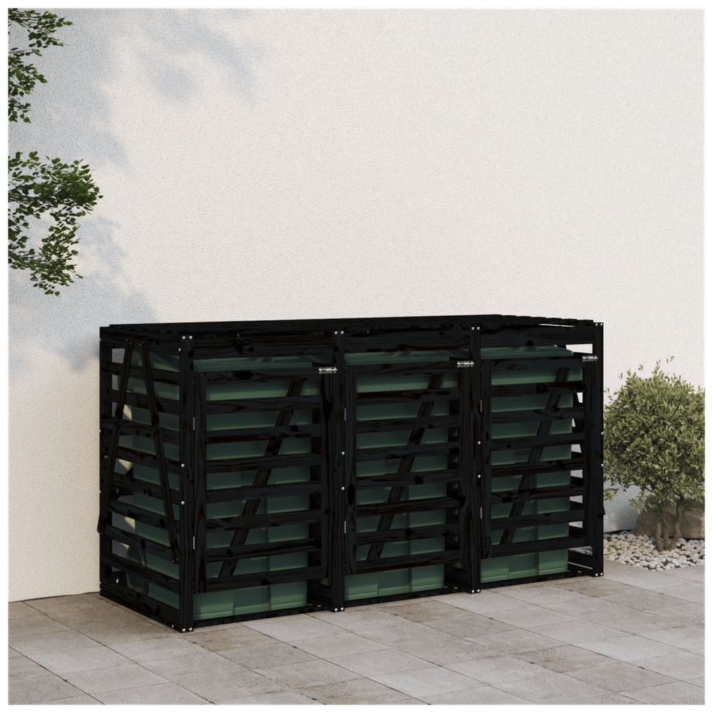 vidaXL Triple Wheelie Bin Storage Black Solid Wood Pine - anydaydirect