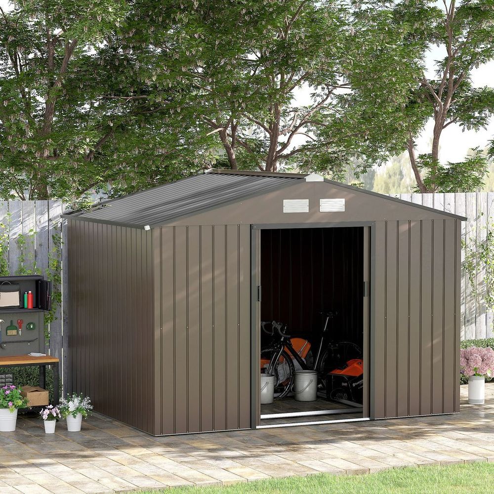 9 x 6FT Metal Garden Storage Shed with Sliding Door, Brown - anydaydirect