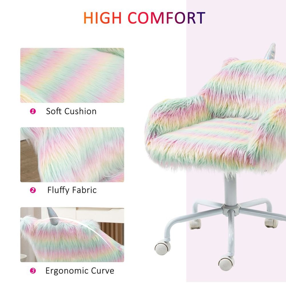 Vinsetto Faux Fur Unicorn Desk Chair Fluffy Home Office Chair with Armrests - anydaydirect