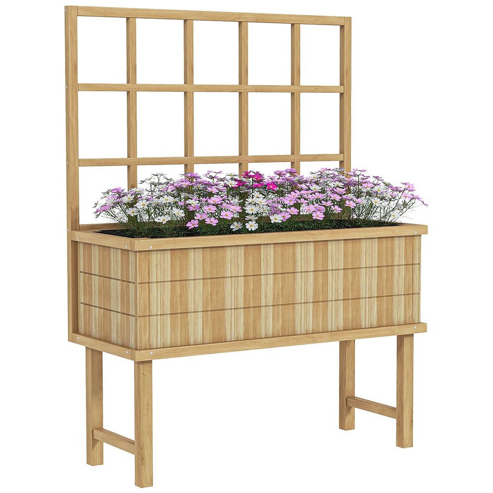 Outsunny Wood Raised Planter w/ Trellis Drain Holes Elevated Garden Bed Natural - anydaydirect