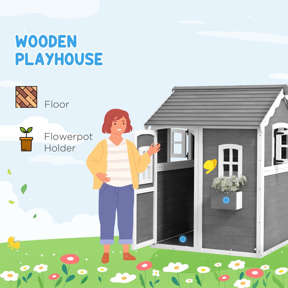 Outsunny Wooden Wendy House for Kids with Floor, for Gardens, Patios - Grey - anydaydirect